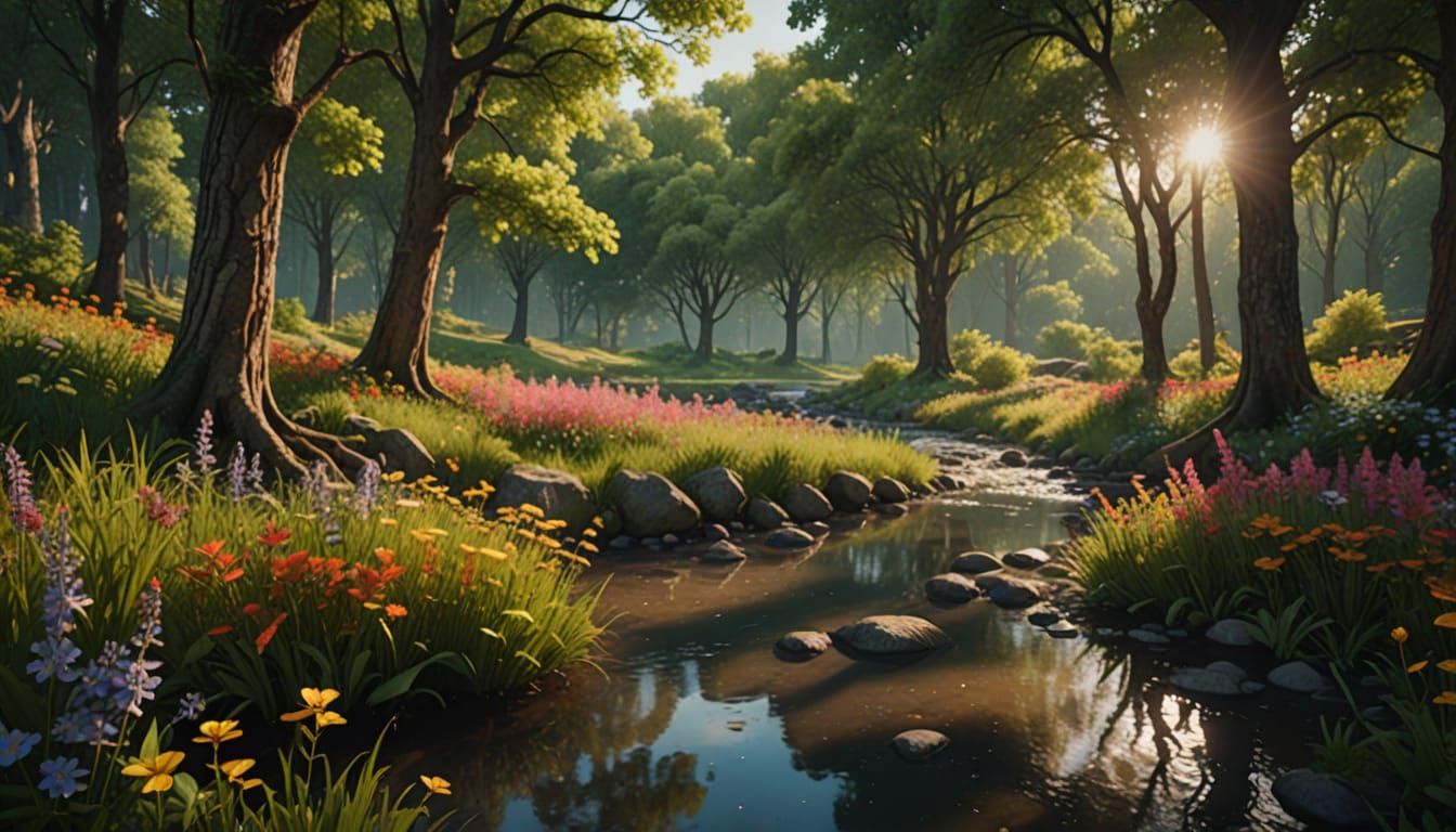 Serene Meadow in May with Vibrant Blooms and Towering Trees