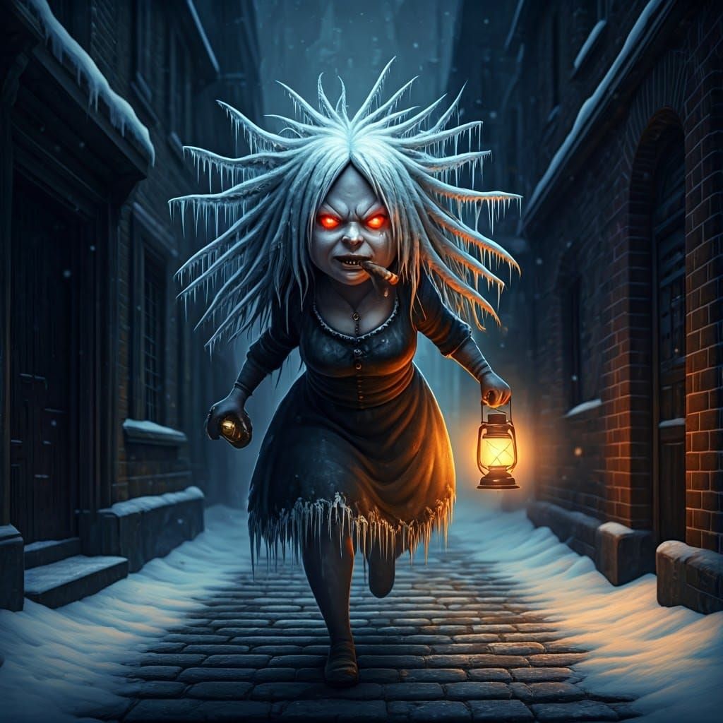 Gothic Ice Queen Snowman Runs Through Dark Alley in Frosty N...