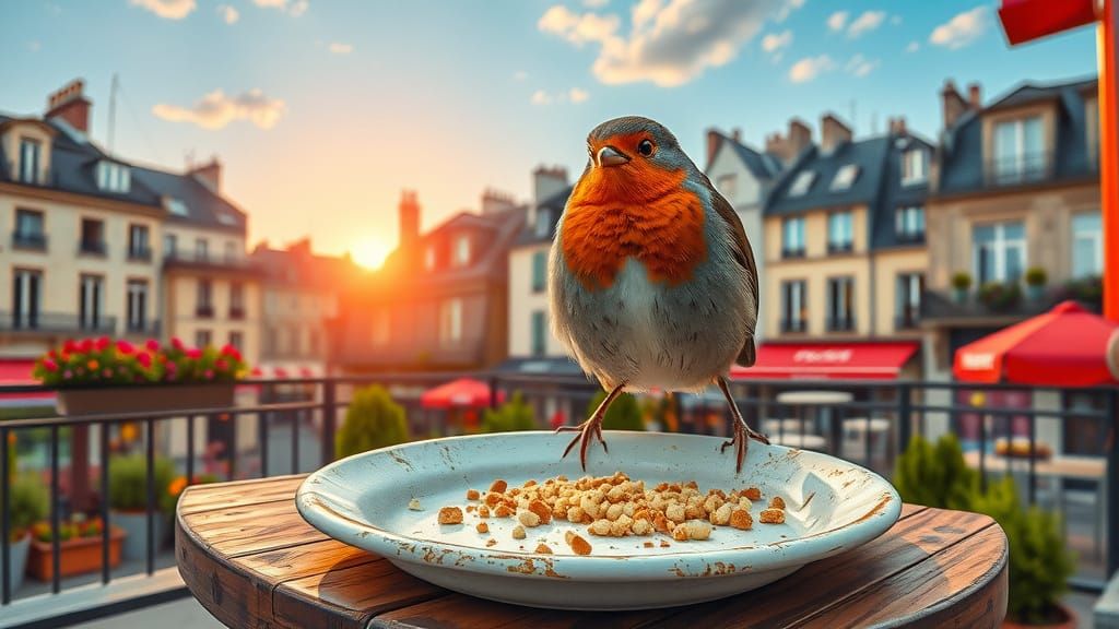 Robin in Rustic Attire on Parisian Terrace