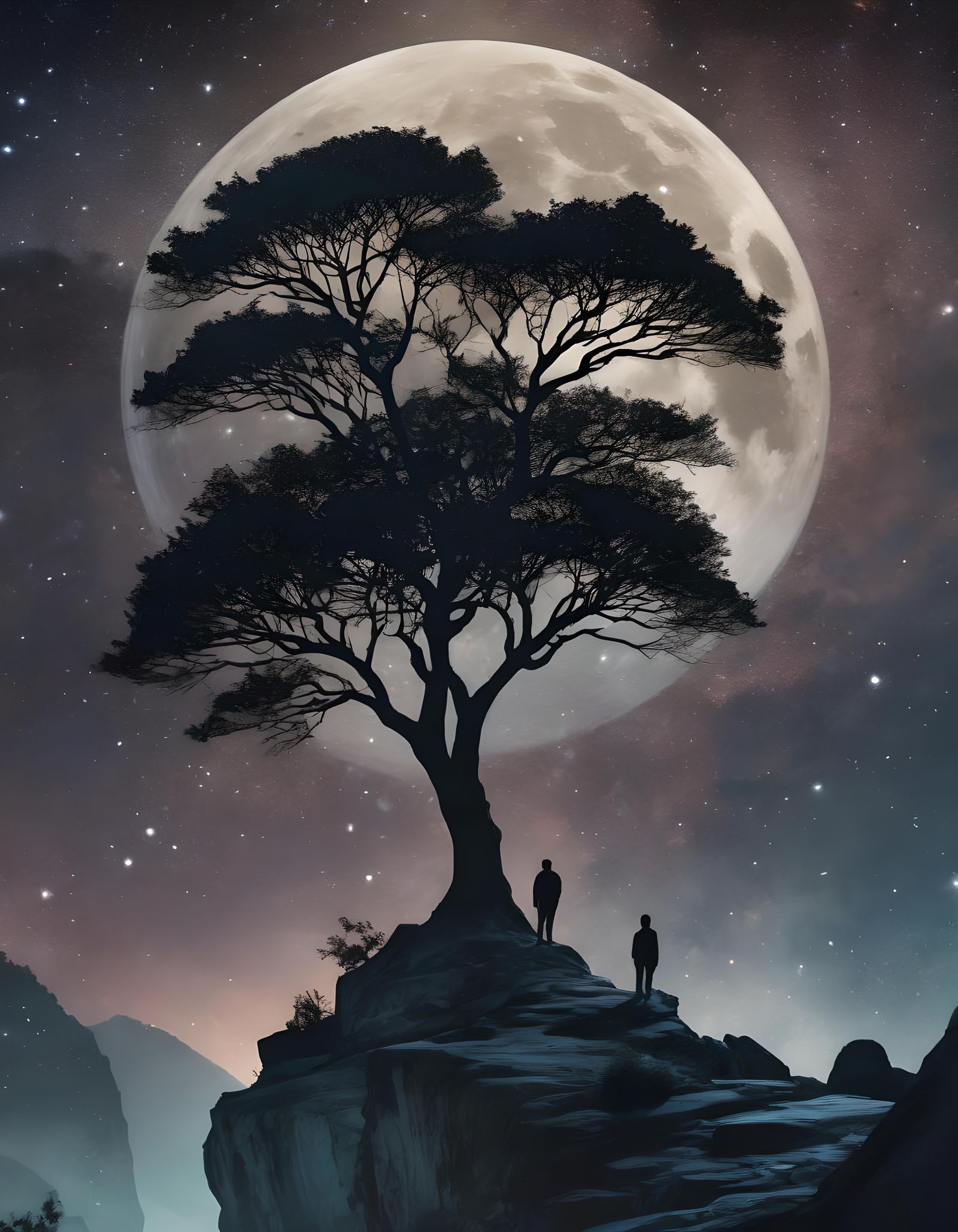 Dreamy Silhouette Under Moonlit Galaxies Illustration
