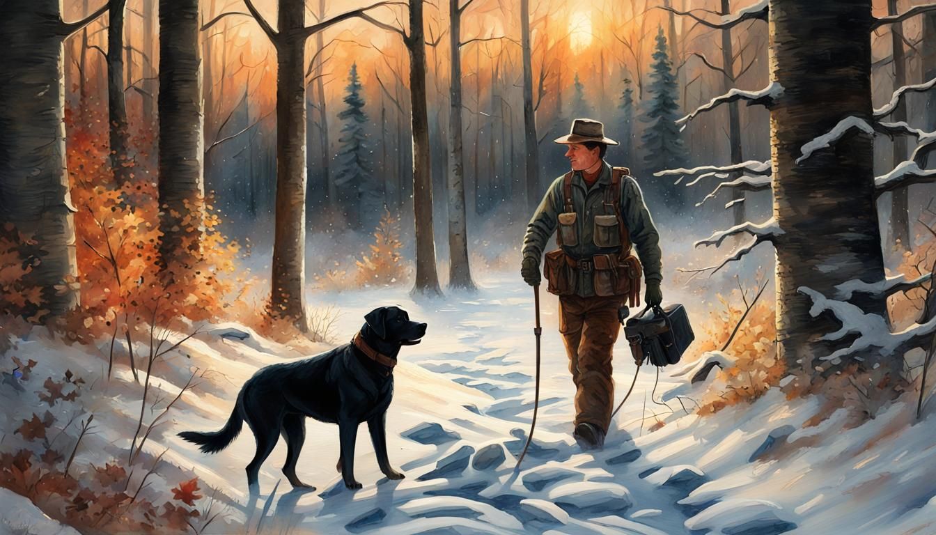Forest Ranger and Labrador at Sunrise in Gouache Style