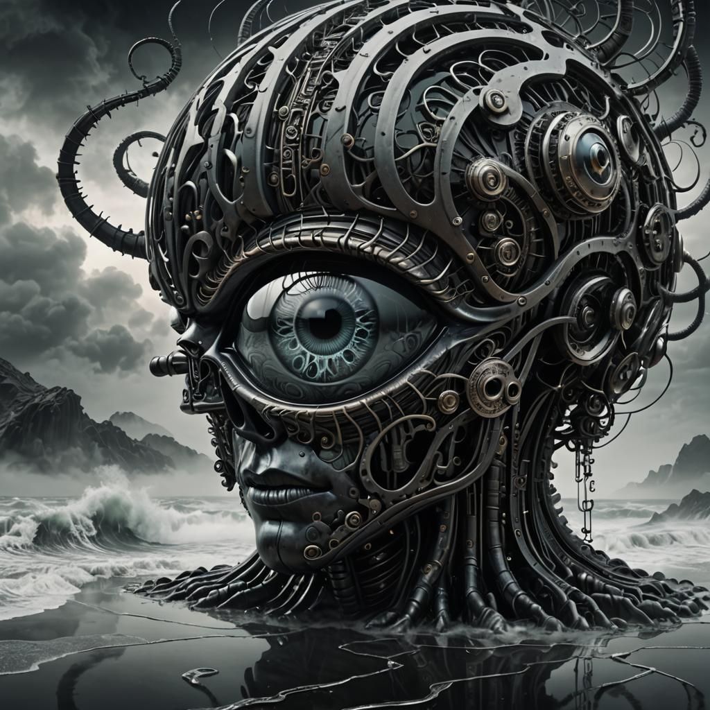 Glass 'A' with Biomechanical Brain in Dark Fantasy Style