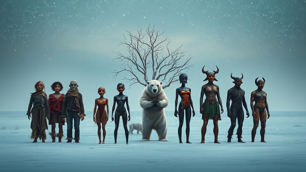 Surreal Winter Figures Under Falling Stars