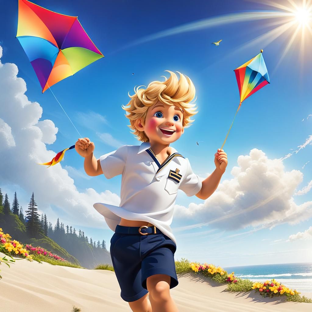 Boy Flying Kite on Beach: Pixar-Style 3D Render