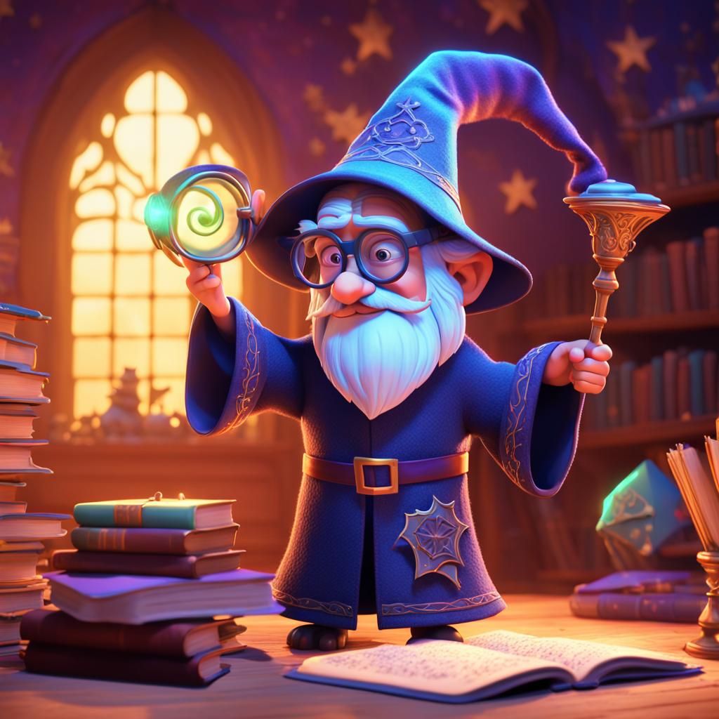 A small wizard adjusting their glasses that zoom in and out,...
