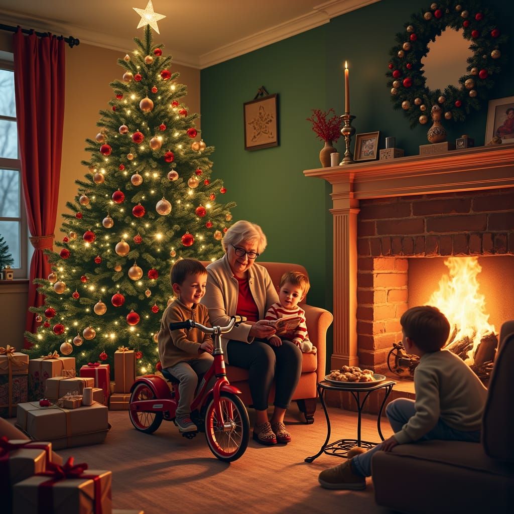 Warm Winter Wonderland Scene with Christmas Tree and Cozy Fa...