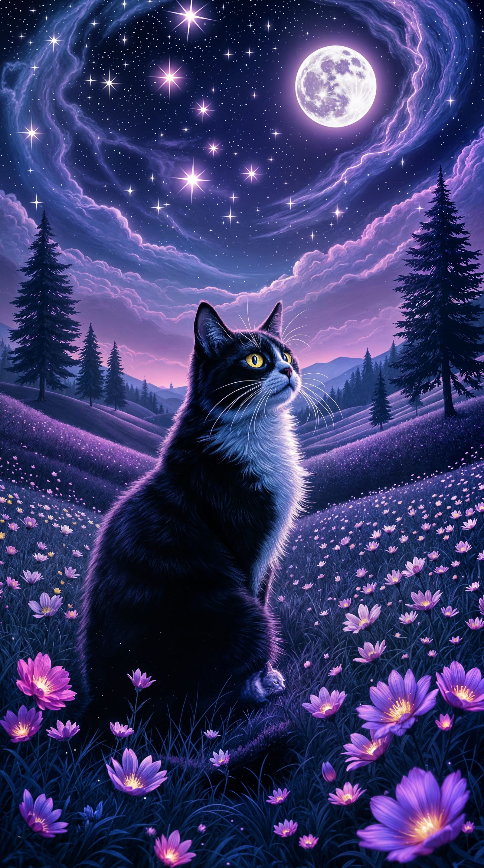 Whimsical Night Scene in Dreamlike Folk Art Style