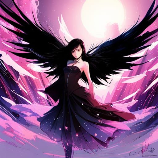 Gothic Girl with Black Wings in Bioluminescent Ballroom
