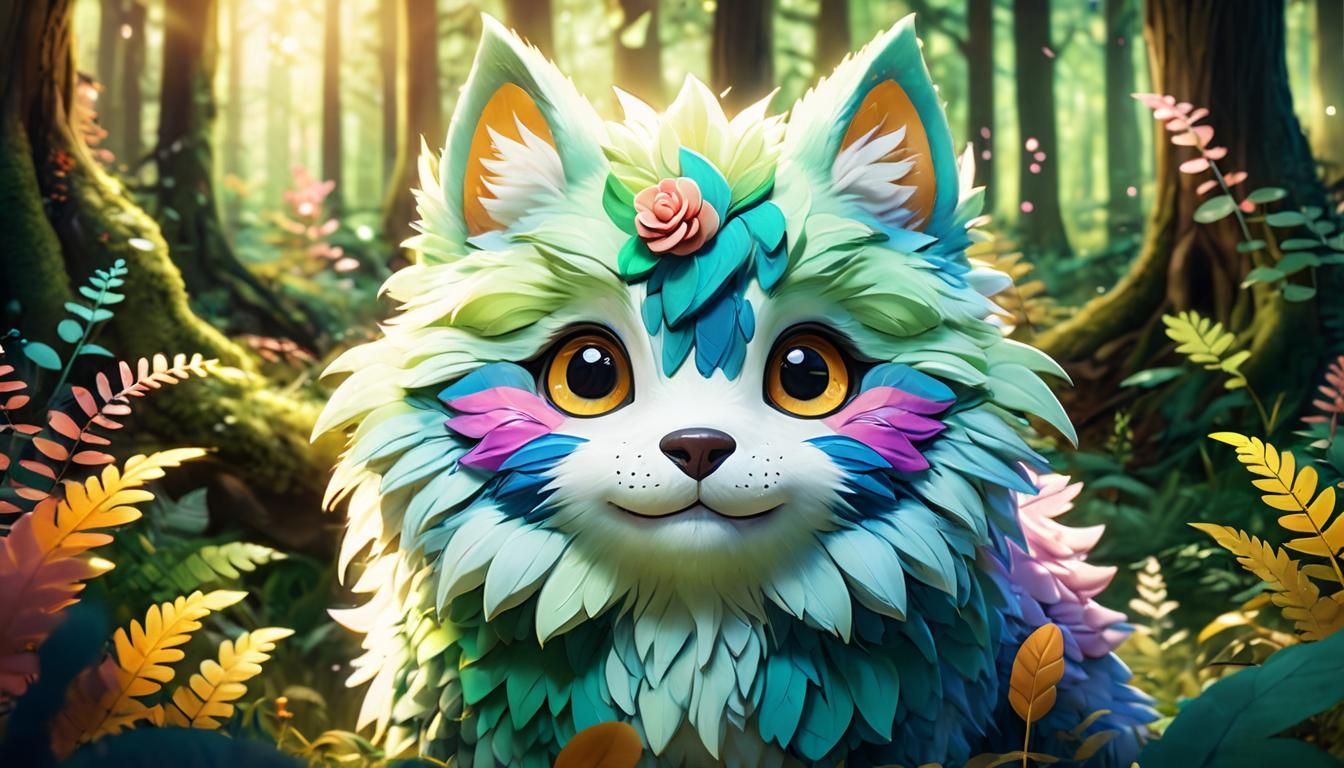 Kawaii Creatures Playing in a Colorful Forest