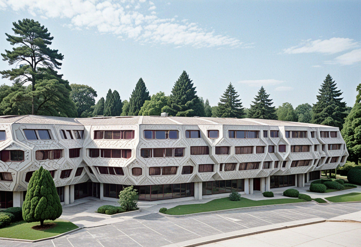 Futuristic Modernist Building in Deep Burgundy