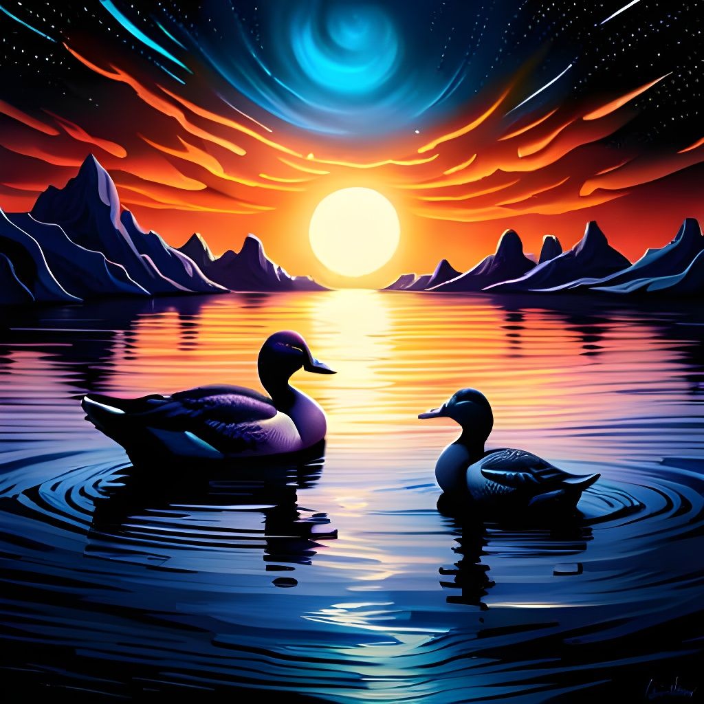 Cosmic Duck Family: Hyperrealistic Rococo Digital Painting
