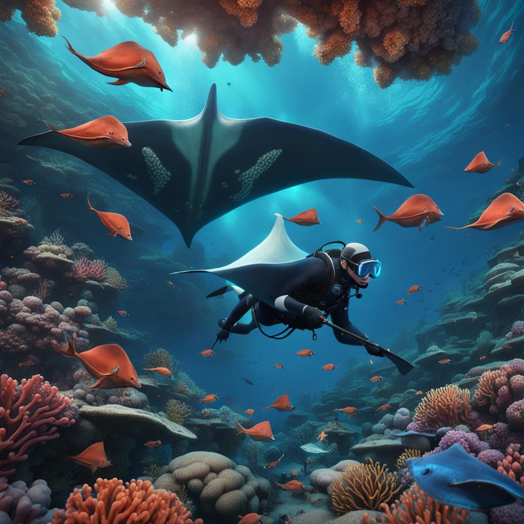 Mantarays Circling Diver in Coral Reef: Fantasy Concept Art