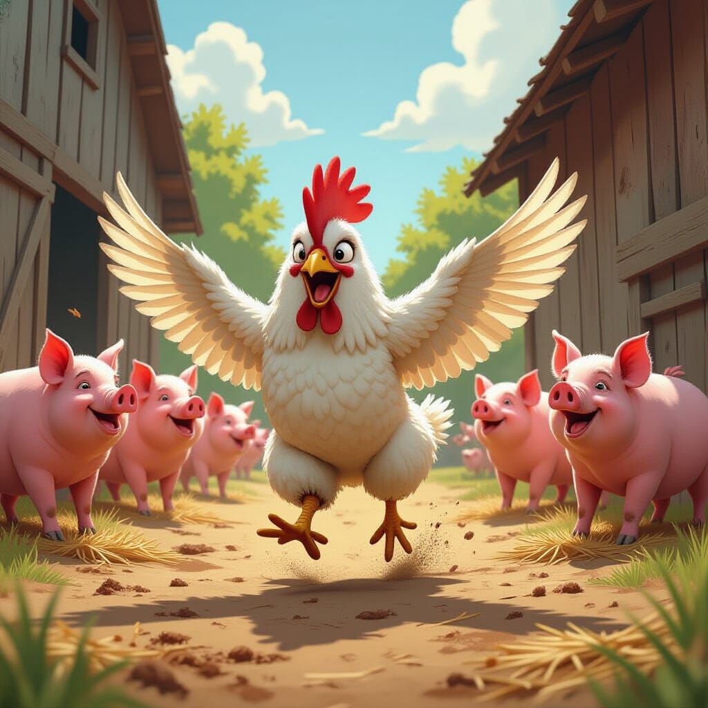 Humorous Cartoon: Headless Chicken Chase in Farmyard