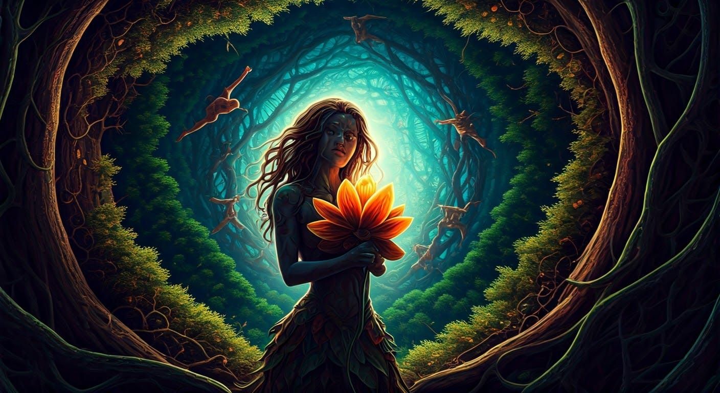 Surreal Forest Scene with Woman and Flower