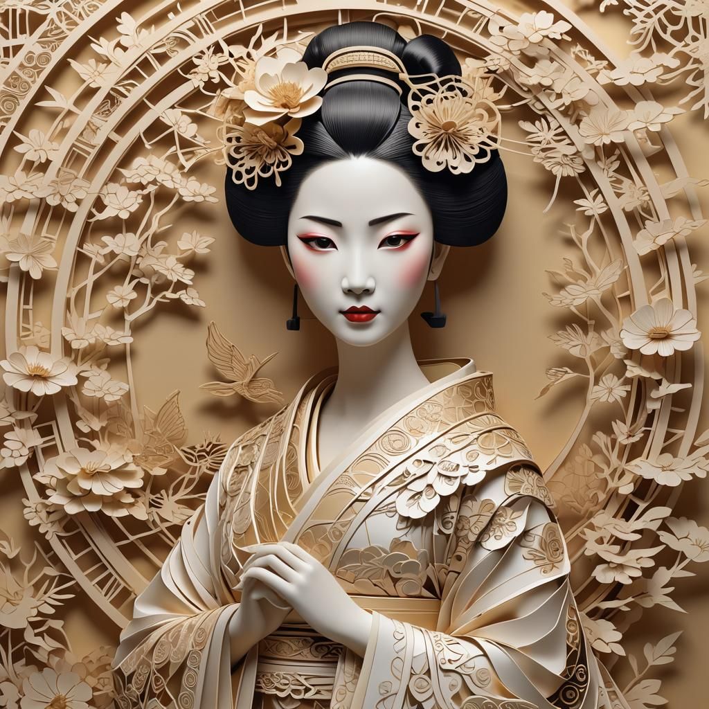 Intricate Kirigami Geisha in 3D Digital Art