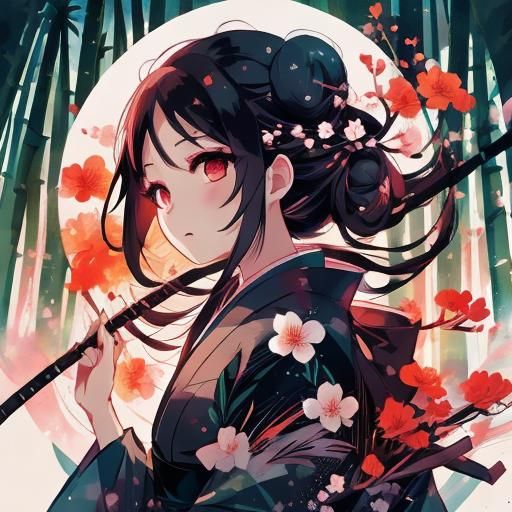 Kimono Girl in Blossom Rain: Double Exposure Portrait