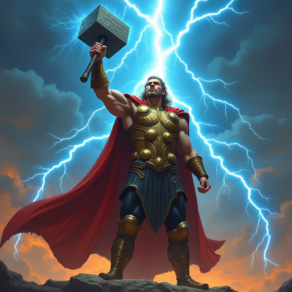 Thor, God of Thunder, Holds Mjolnir Aloft