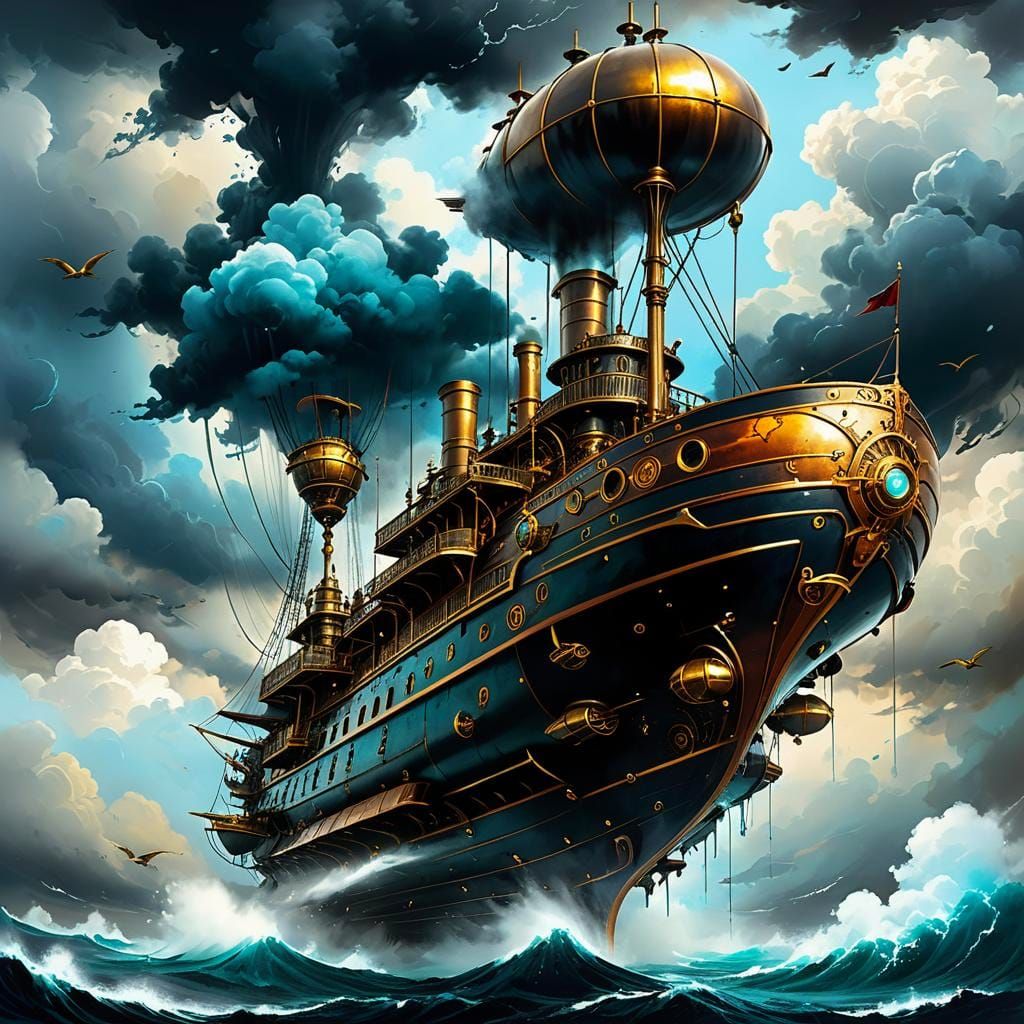 Steampunk Skyship Pierces Storm in Ink Art