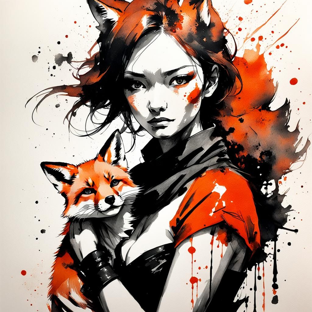 Girl and Fox Portrait in Sketch Style