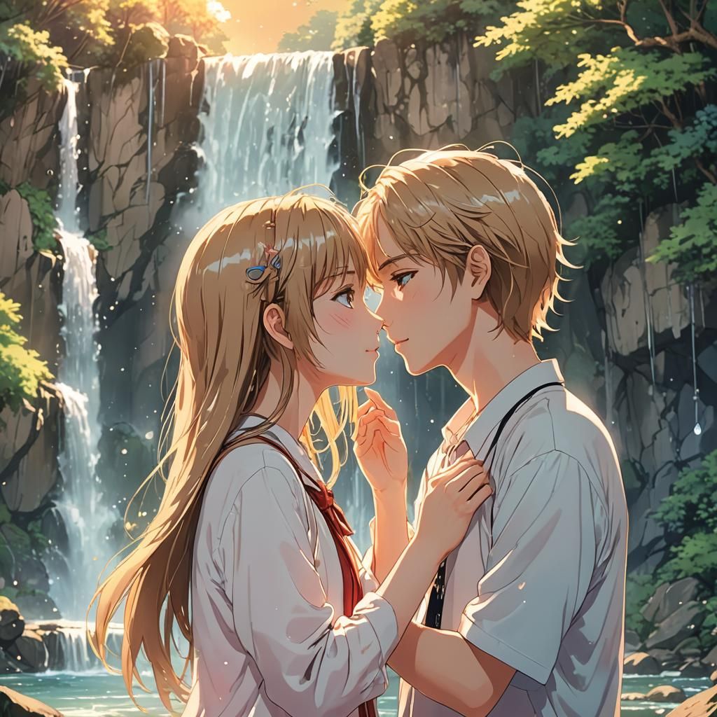 Romantic Anime Kiss in Front of Waterfall