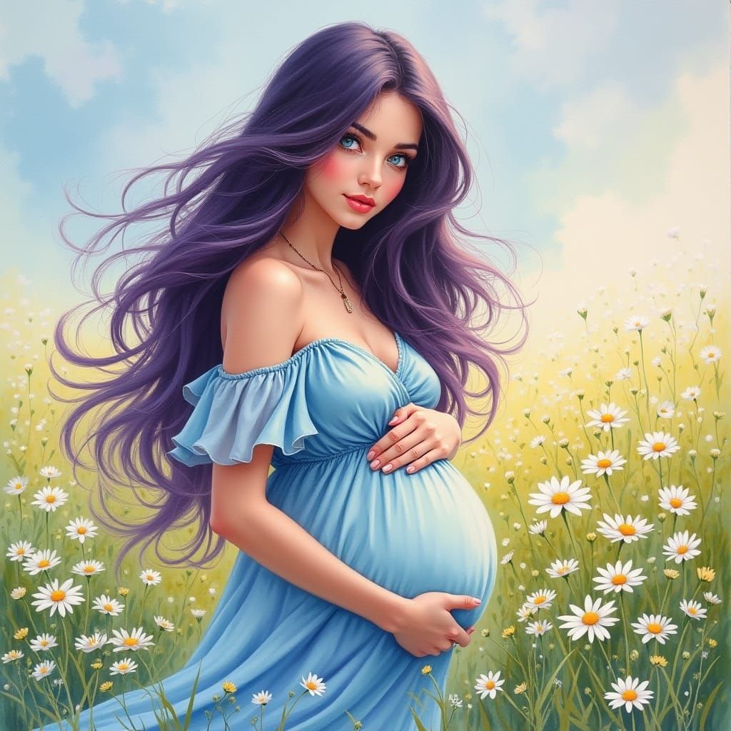 Pregnant Woman in Daisy Field, Gouache & Watercolor Style