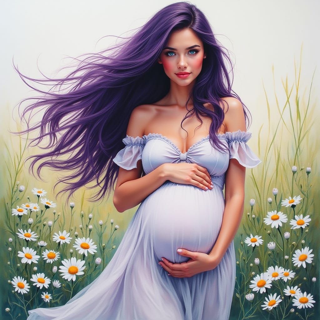 Pregnant Woman in Daisy Field, Gouache and Watercolor Style