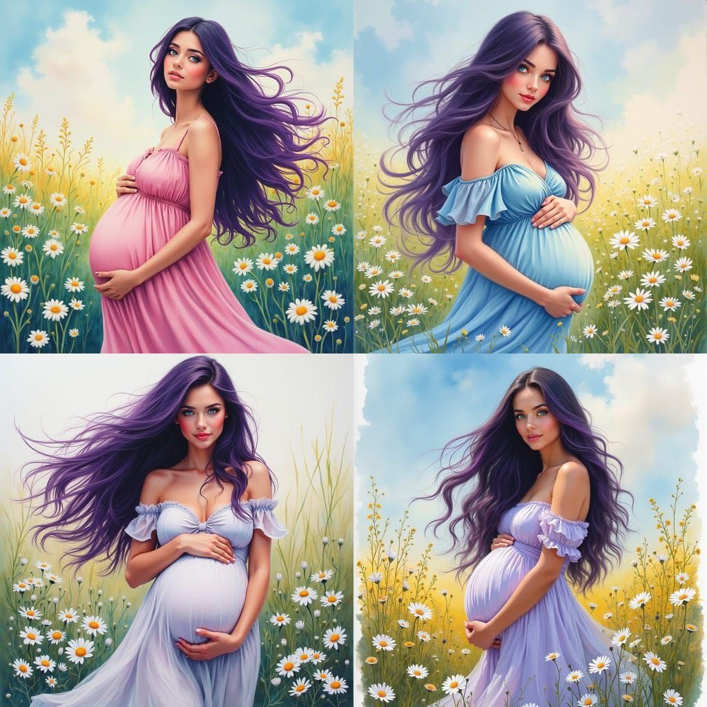 Pregnant Woman in Daisy Field, Gouache Style