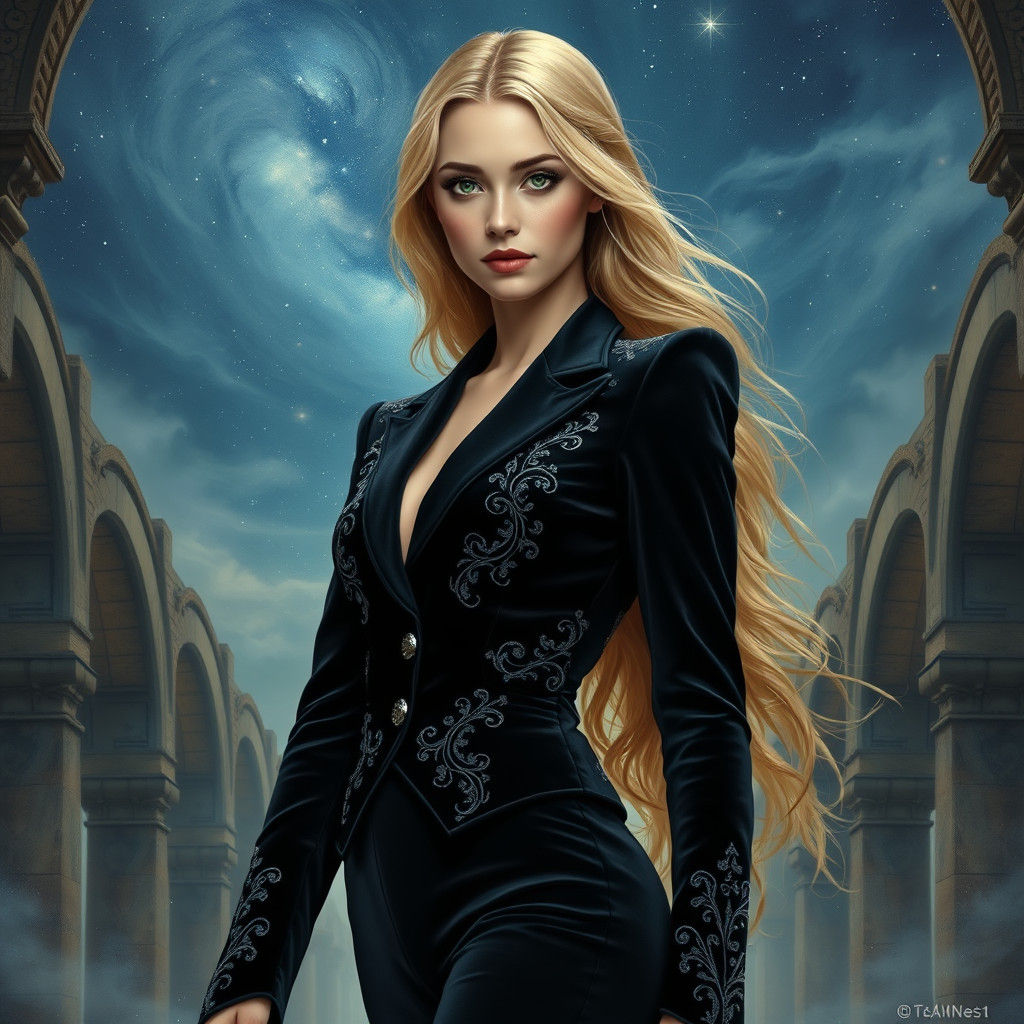 Woman in Velvet Suit Under Starry Sky