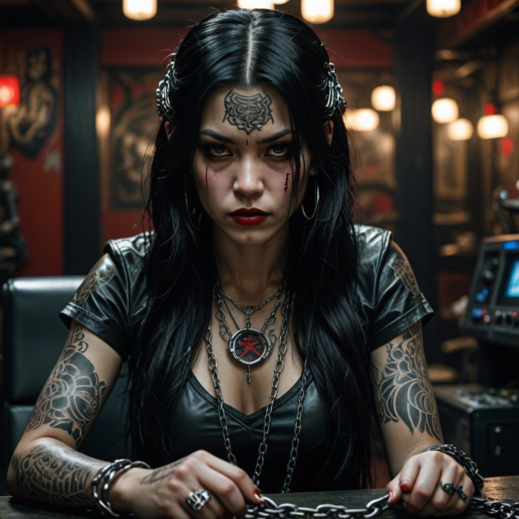 Surreal Cyberpunk Goddess Bound to Console