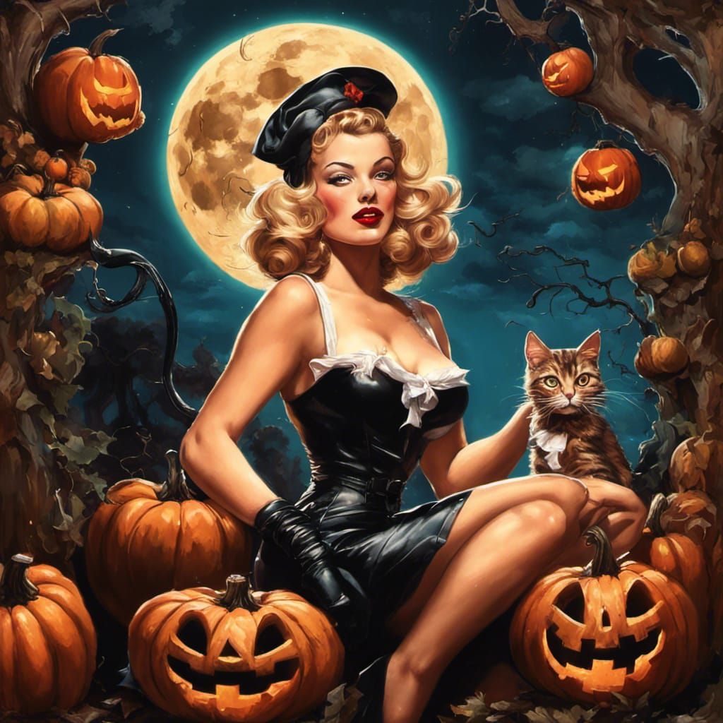 1940s Pinup Cat Trick-or-Treater in Splash Art