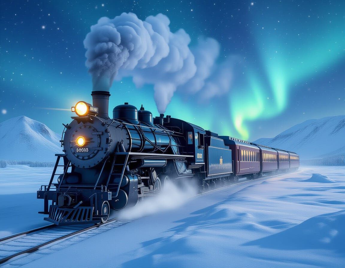 Aurora Borealis Tundra Train Journey in Photorealistic Style
