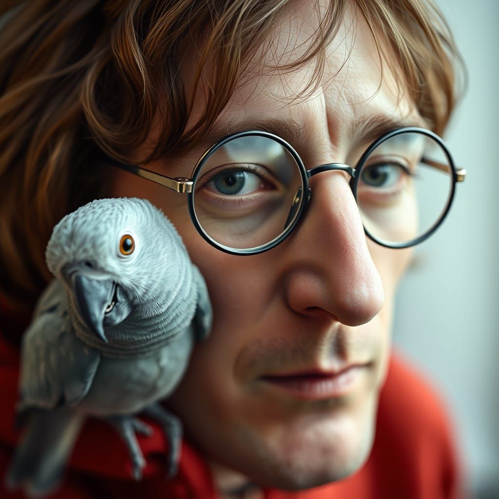 Portrait of John Lennon with a Parrot in Round Glasses