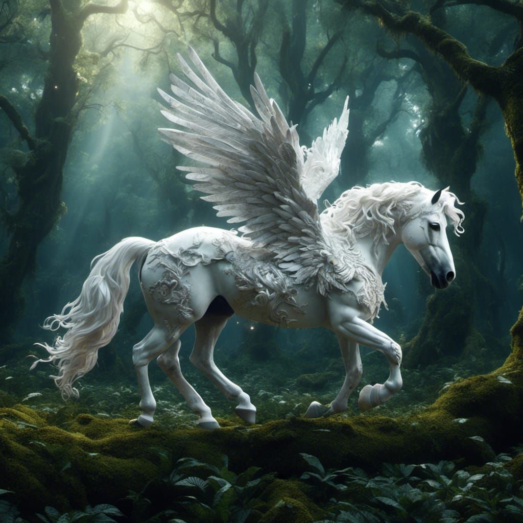 White Pegasus in Forest with Fairies