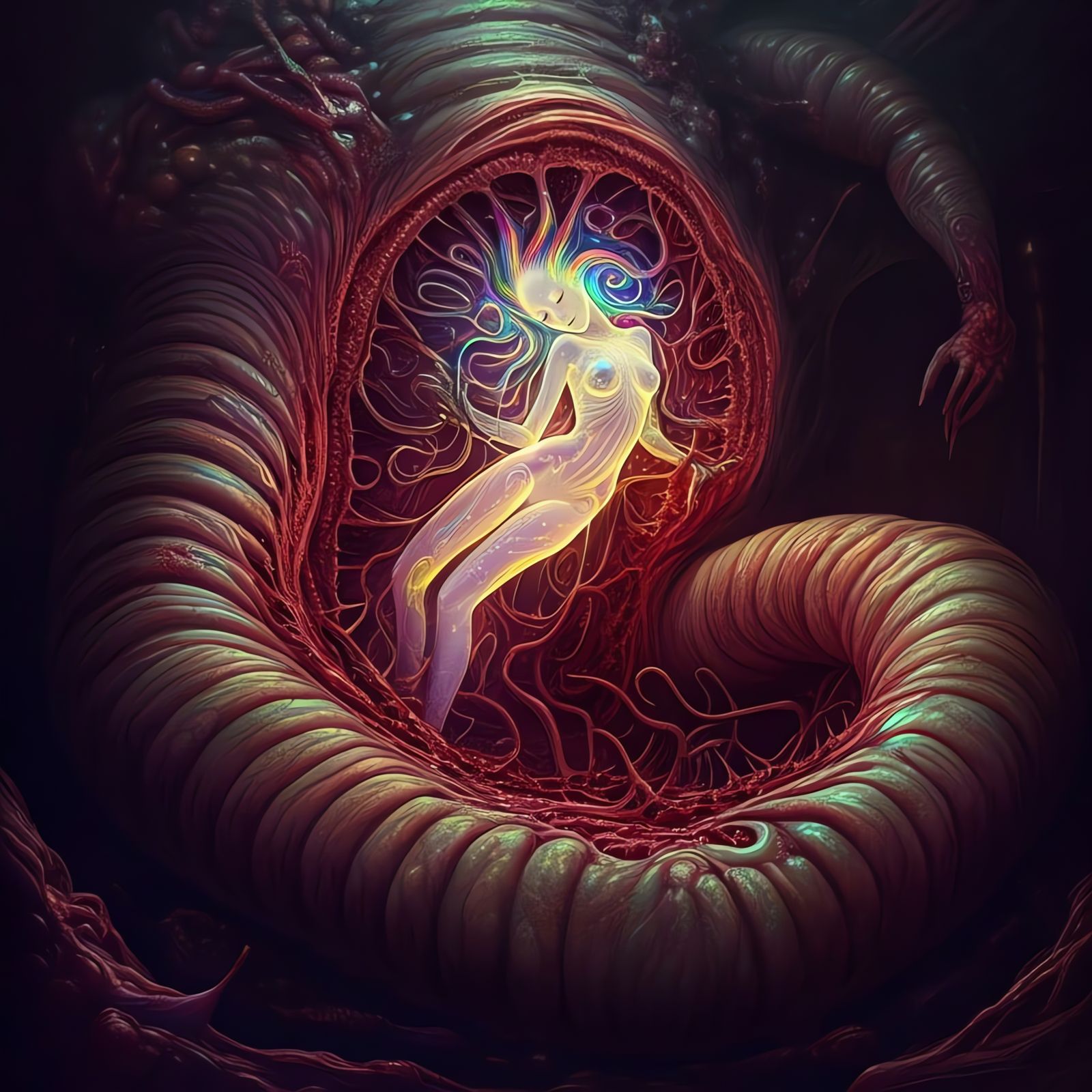 Psychedelic Entity Interacting with Grotesque Elements