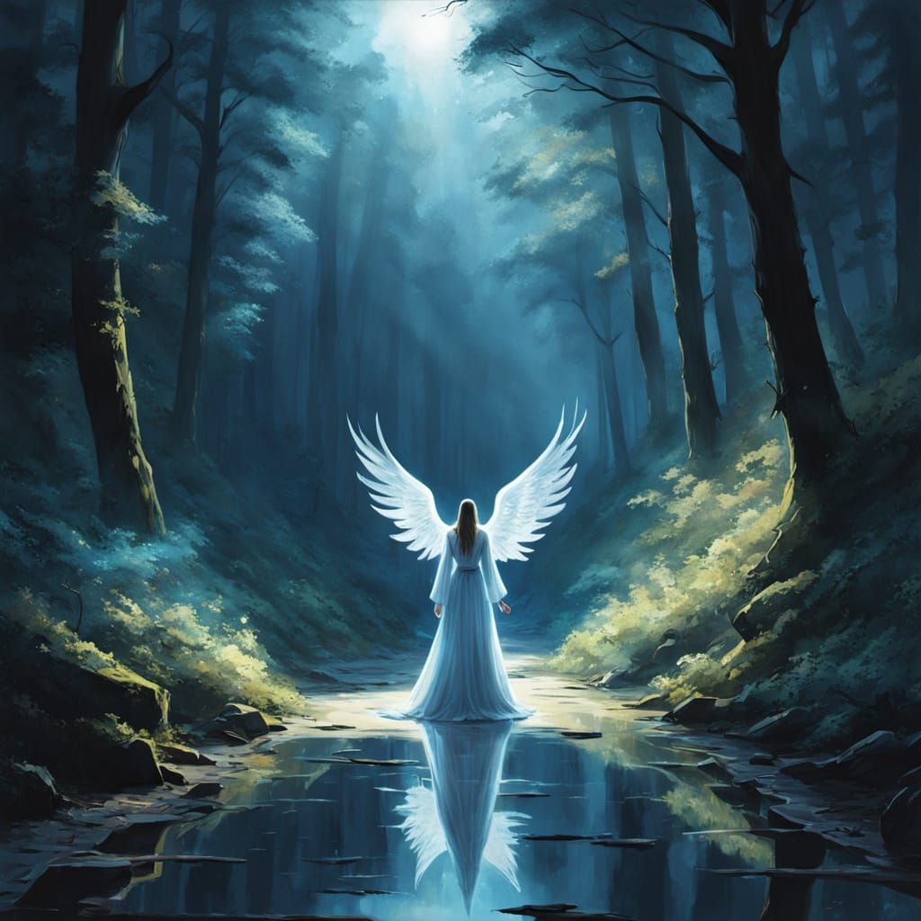Mystical Forest Road to Angel in Ethereal Light