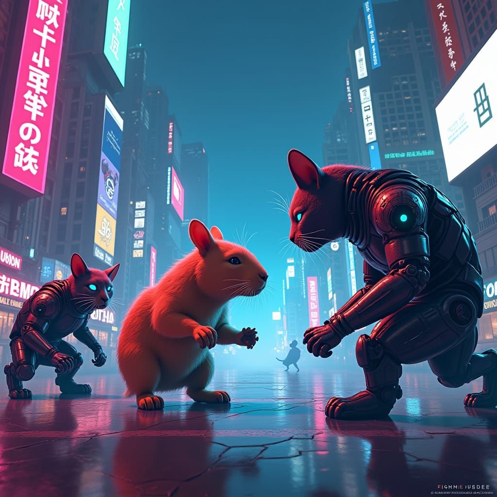 Capybara vs Cybernetic Cats in Neon Cityscape