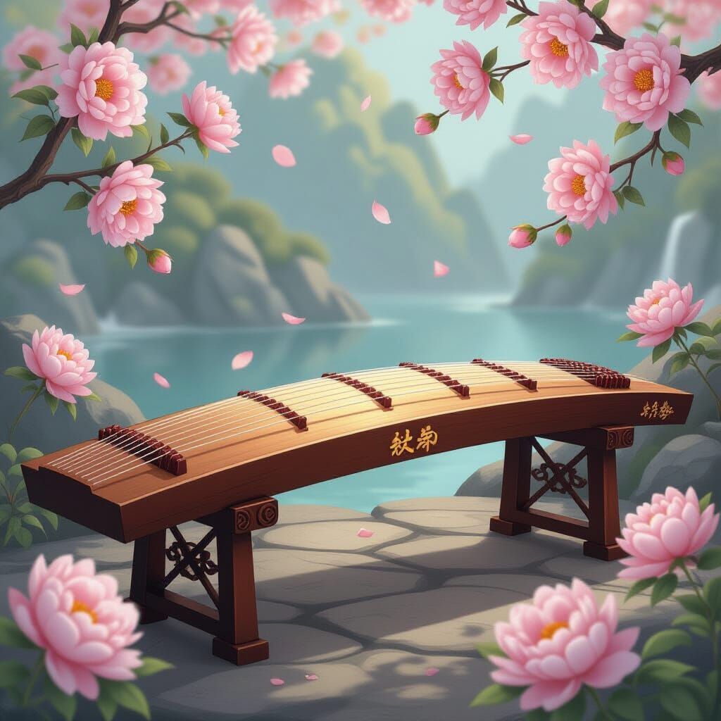 Guzheng Surrounded by Peonies