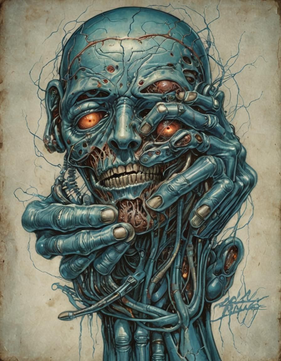 Biomechanical Horror Face with Grasping Hands
