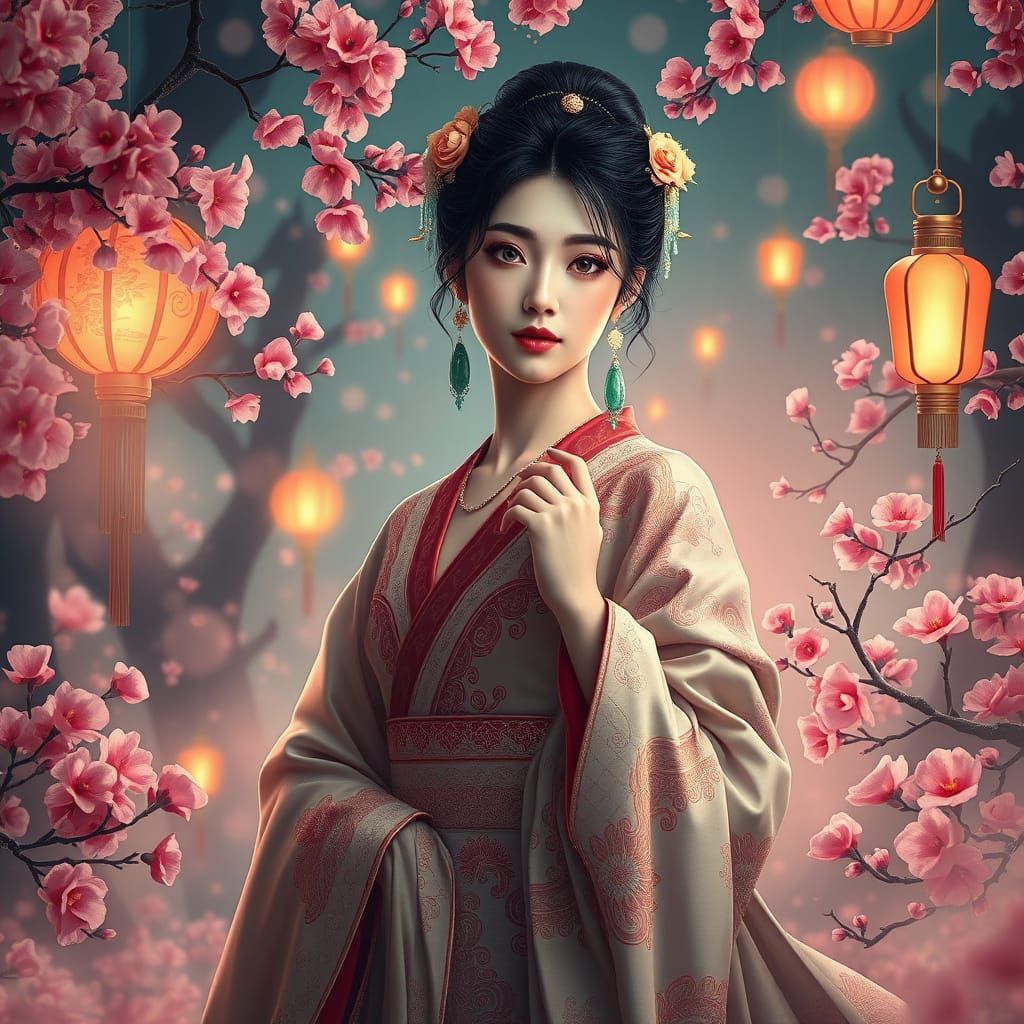 Serenely Majestic Asian Goddess in a Dreamlike Cherry Blosso...