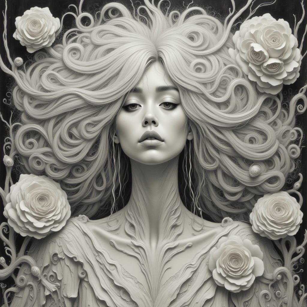 Woman with White Hair Surrounded by White Roses
