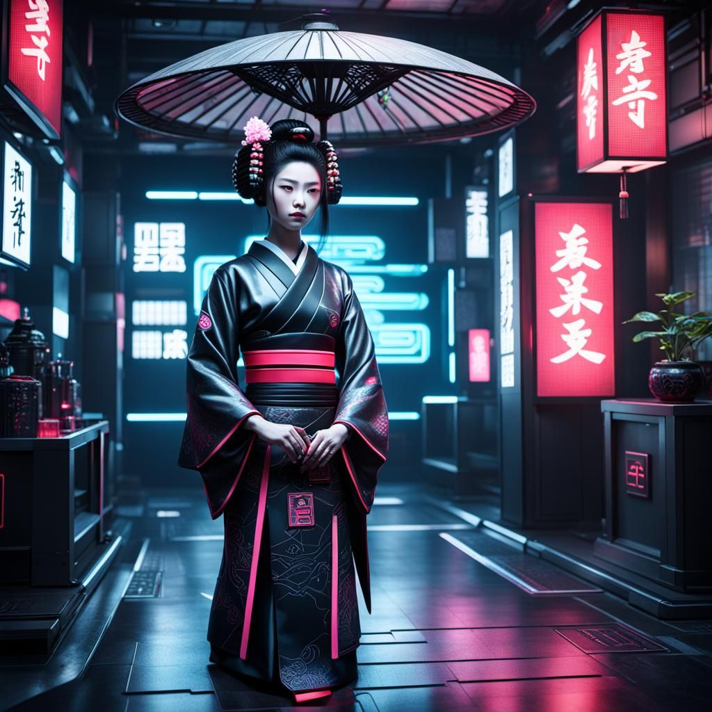 Futuristic Geisha in Cyberpunk Japan Interior