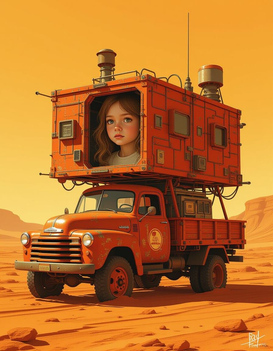 Girl in Red Tech Dwelling on Mars