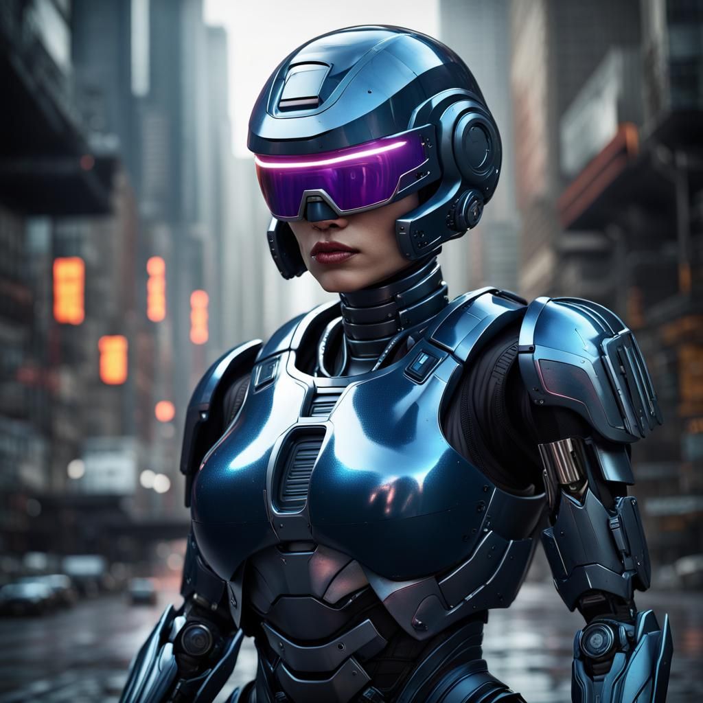 Curvy Female Robocop in Detailed Matte Painting