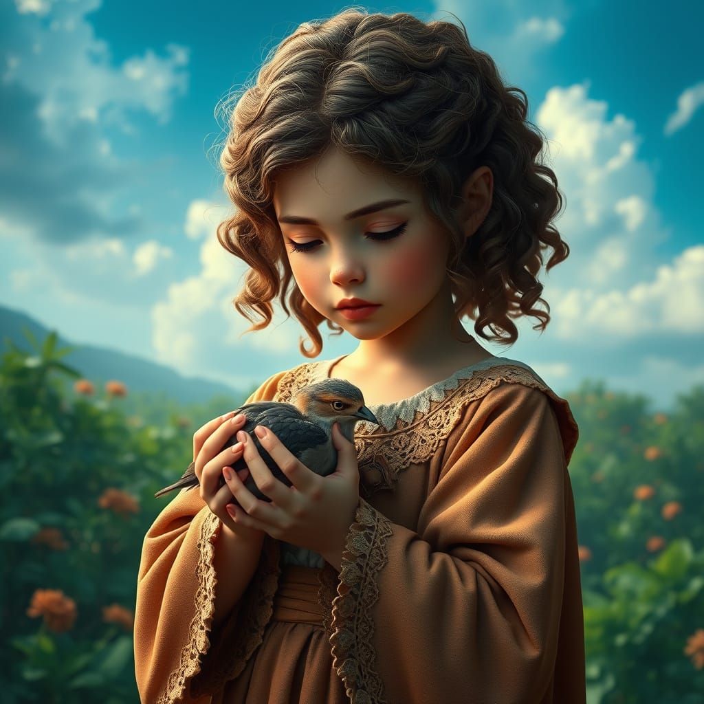 Gentle Girl and Wounded Bird in Lush Fantasy Landscape