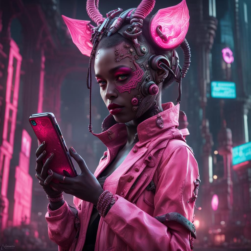Cyberpunk Girl with Pink Face Holding Smartphone