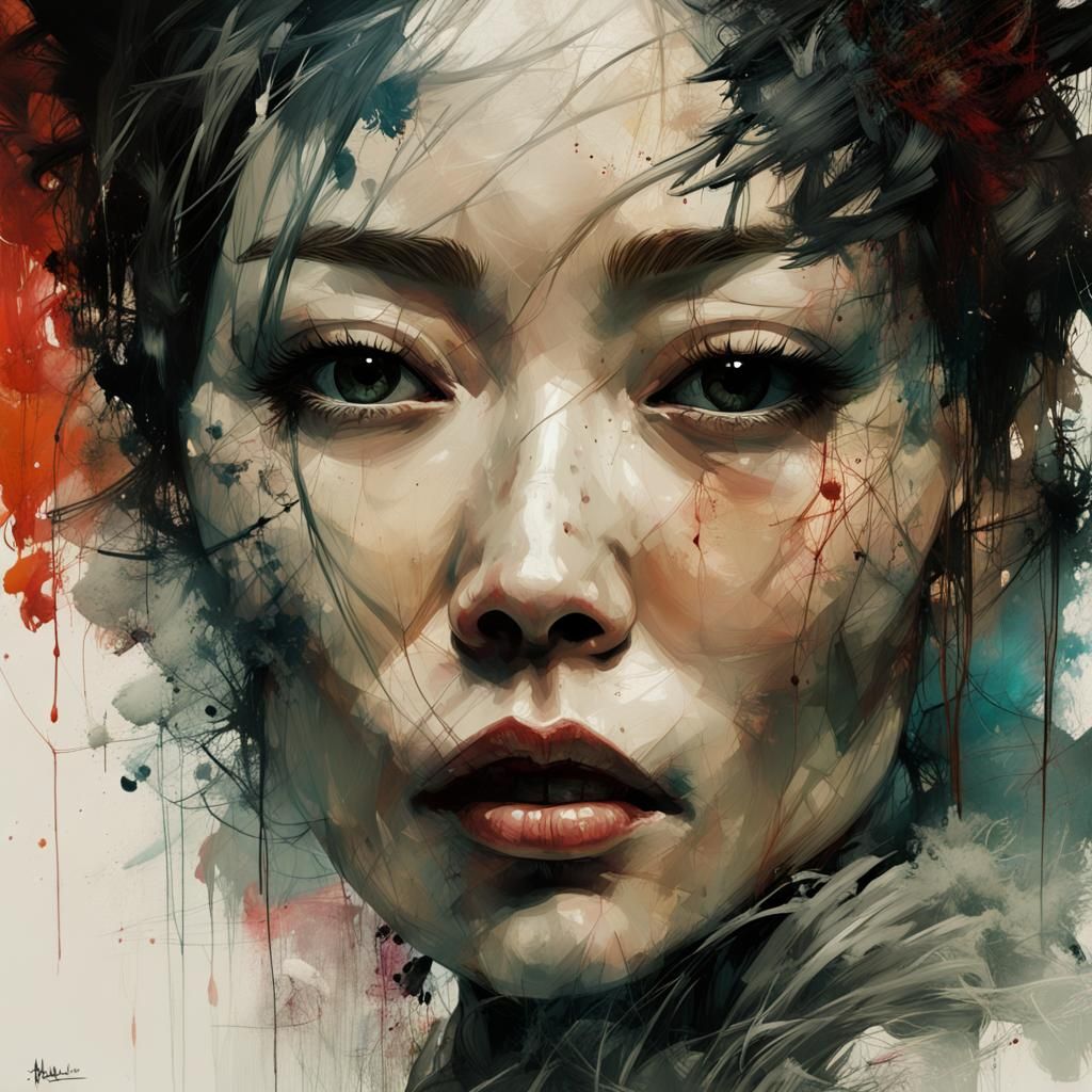 Asian Woman in Art Brut Style, Digital Painting