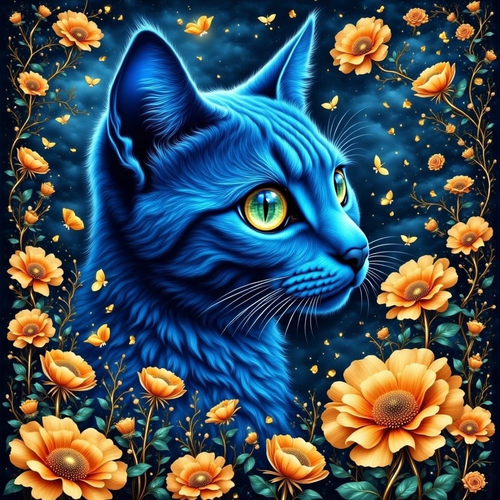 Whimsical Blue Cat in Folk Art Style with Vibrant Flowers an...