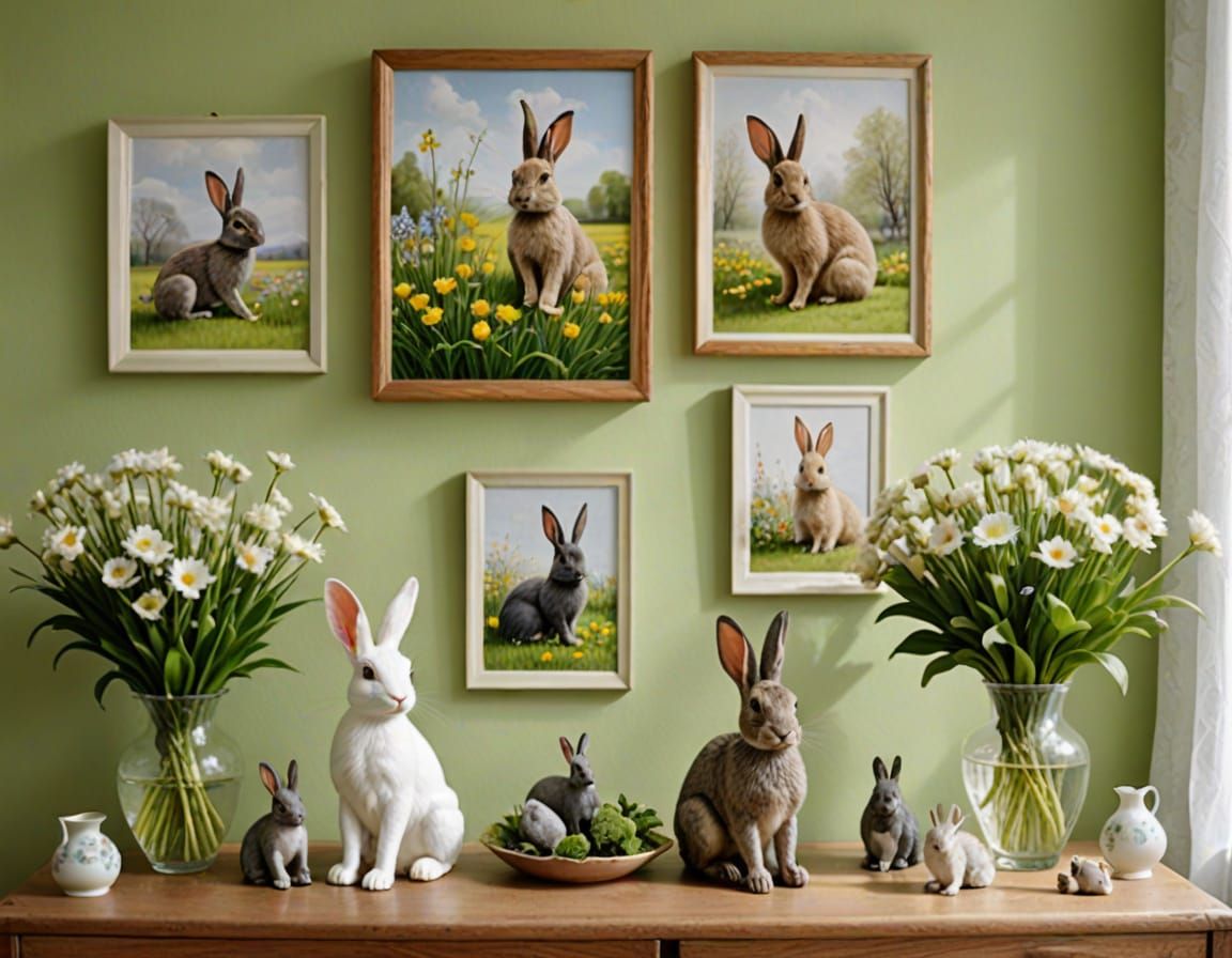 Spring Living Room with Rabbit Decorations