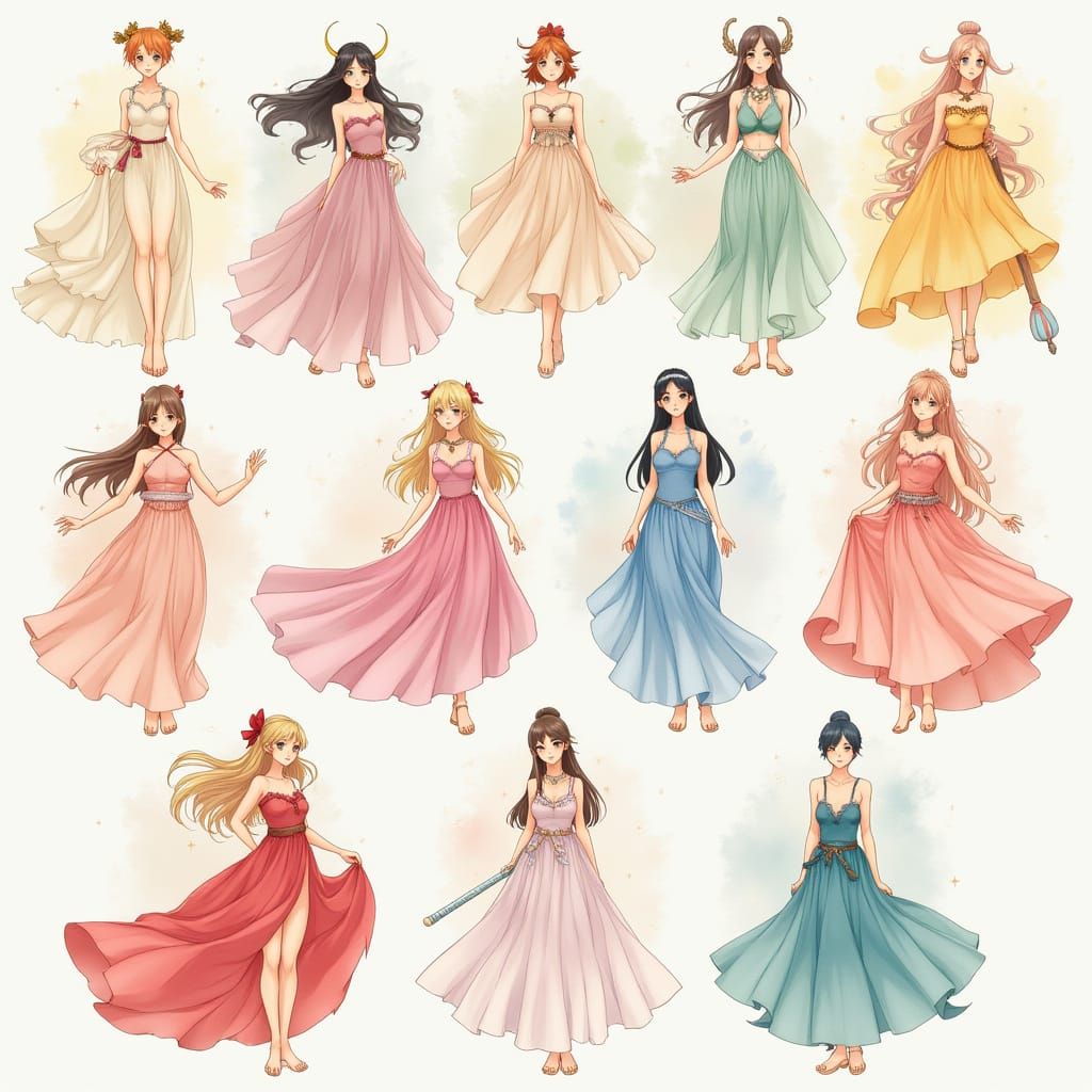 Zodiac Goddesses in Light Anime Art Style