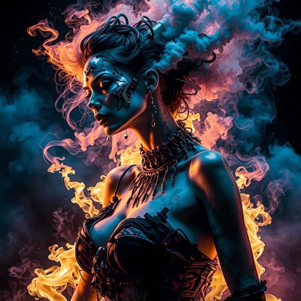 Cyberpunk Demon Emerges from Neon Smoke